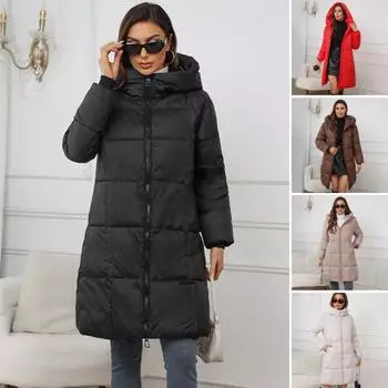 Женская зимняя куртка с капюшоном, утолщенный пуховик, тонкая талия, застежка-молния, средняя длина, ветрозащитное хлопковое пальто для холодной погоды S кофейный