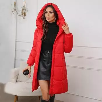 Женская зимняя куртка с капюшоном, утолщенный пуховик, тонкая талия, застежка-молния, средняя длина, ветрозащитное хлопковое пальто для холодной погоды S красный