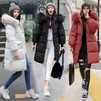 Женская зимняя куртка с меховым капюшоном, утолщенный пуховик, застежка-молния на шнурке, средняя длина, ветрозащитное хлопковое пальто для холодной погоды M