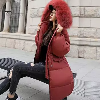 Женская зимняя куртка с меховым капюшоном, утолщенный пуховик, застежка-молния на шнурке, средняя длина, ветрозащитное хлопковое пальто для холодной погоды M бронзовый/красный