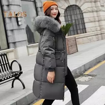 Женская зимняя куртка с меховым капюшоном, утолщенный пуховик, застежка-молния на шнурке, средняя длина, ветрозащитное хлопковое пальто для холодной погоды M красный/бронзовый