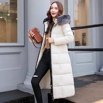 Женская зимняя куртка с меховым воротником и капюшоном, парка, утолщенная теплая длинная Chaqueta, тонкий карман на молнии, сплошной цвет S белый