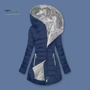 Женская зимняя куртка с подкладкой, большого размера, с мягкой подкладкой, застежкой-молнией, средней длины, с капюшоном, верхняя одежда, однотонный теплый ветрозащитный пуховик M темно-синий