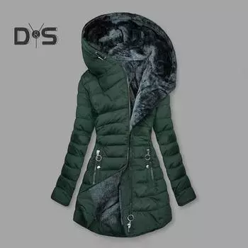 Женская зимняя куртка с подкладкой, большого размера, с мягкой подкладкой, застежкой-молнией, средней длины, с капюшоном, верхняя одежда, однотонный теплый ветрозащитный пуховик M темно-зеленого