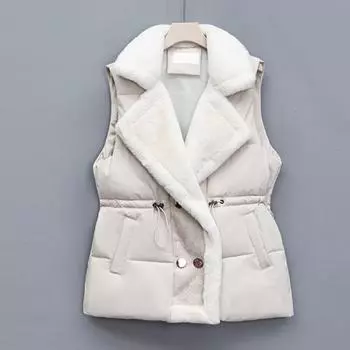 Женская зимняя куртка с завязками на талии, отложным воротником, толстым плюшевым подкладом, без рукавов, с карманами, застежкой на пуговицы, уличный жилет M хаки