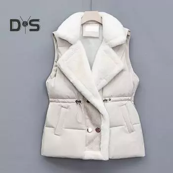 Женская зимняя куртка с завязками на талии, отложным воротником, толстым плюшевым подкладом, без рукавов, с карманами, застежкой на пуговицы, уличный жилет M кофейный