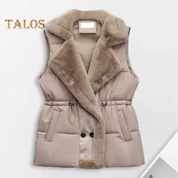 Женская зимняя куртка с завязками на талии, отложным воротником, толстым плюшевым подкладом, без рукавов, с карманами, застежкой на пуговицы, уличный жилет M кофейный