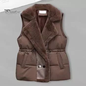 Женская зимняя куртка с завязками на талии, отложным воротником, толстым плюшевым подкладом, без рукавов, с карманами, застежкой на пуговицы, уличный жилет M кофейный