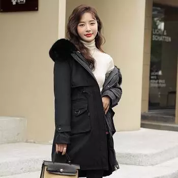 Женская зимняя куртка со съемной внутренней подкладкой, парка, свободное длинное пальто, утолщенные карманы на молнии, теплая толстая зимняя одежда, свободная одежда M чёрный