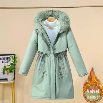 Женская зимняя куртка средней длины из бархата и толстого хлопка в корейском стиле - большой размер 4XL чёрный