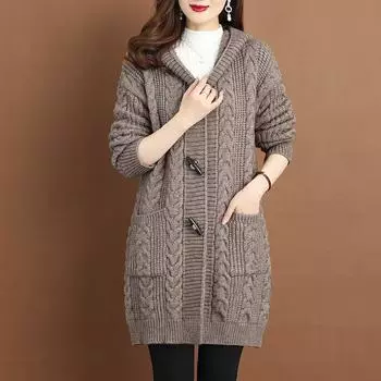 Женская зимняя куртка-свитер больших размеров с утолщенной подкладкой средней длины с капюшоном, свободная трикотажная куртка-свитер 5XL