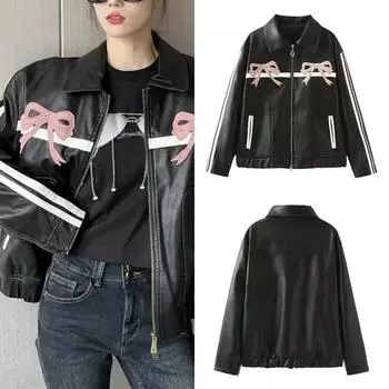 Женская зимняя куртка, женское винтажное пальто из искусственной кожи, модное пальто с воротником-лацканами и бантом на молнии, женские повседневные топы, одежда S чёрный