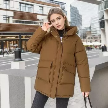 Женская зимняя куртка, зимняя женская утепленная теплая однотонная хлопковая куртка, женская, 2 кармана, повседневная, свободная, парка, женская одежда S чёрный