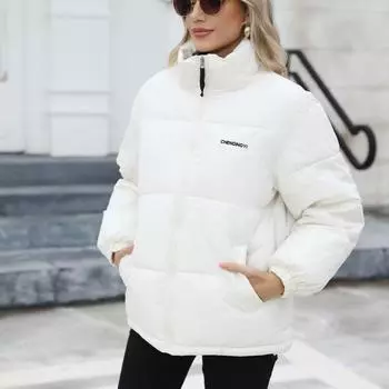 Женская зимняя легкая куртка-пуховик с буквенным принтом и воротником-стойкой на молнии с длинными рукавами, ветрозащитная теплая куртка S белый