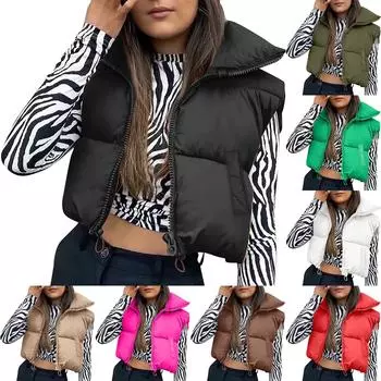 Женская зимняя майка-бомбер без рукавов, легкий однотонный стеганый жилет на молнии с воротником-стойкой и карманом XL чёрный