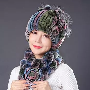 Женская зимняя меховая шапка из русского кролика рекса, утепленная шапка с наушниками, шарф с воротником, комплект Hat+Bib