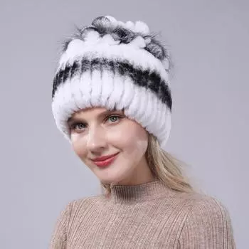 Женская зимняя меховая шапка из выдры, теплая вязаная модная шапка с защитой ушей, меховая шапка из кролика