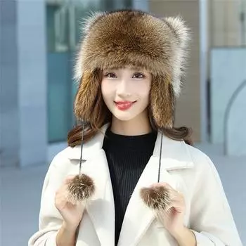 Женская зимняя меховая шапка, утепленная меховая шапка из енота, теплая пушистая шапка с животными, женская модная шапка-пилот с наушниками, женская модная шапка-пилот 55-59cm коричневый