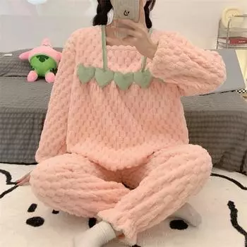 Женская зимняя милая фланелевая кружевная пижама в стиле принцессы, теплая, с длинными рукавами и длинными брюками, домашняя одежда, пижамный комплект с квадратным вырезом M