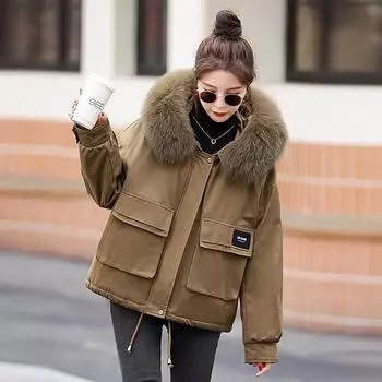 Женская зимняя мода 2024 года, парка с капюшоном - на флисовой подкладке, утолщенная, с меховым воротником, короткая и теплая XXL (suggested 70-77.5kg)