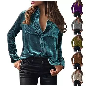 Женская зимняя мода бархатная повседневная рубашка с длинным рукавом и карманом на пуговицах L бежевый