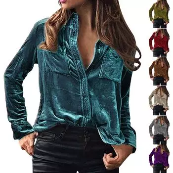 Женская зимняя мода бархатная повседневная рубашка с длинным рукавом и карманом на пуговицах L бежевый