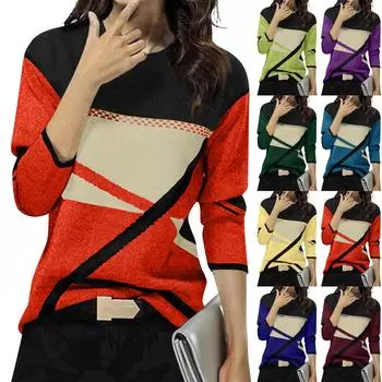 Женская зимняя мода, новый контрастный цветной позиционный принт, круглый вырез, длинный рукав, топ L армия зеленый