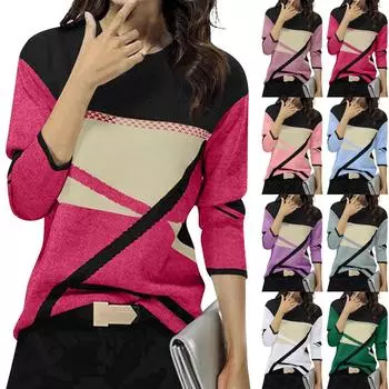 Женская зимняя мода, новый контрастный цветной позиционный принт, круглый вырез, длинный рукав, топ L темно-зеленого