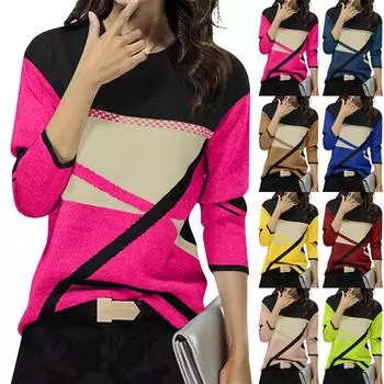 Женская зимняя мода, новый контрастный цветной позиционный принт, круглый вырез, длинный рукав, топ M