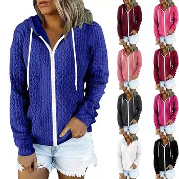 Женская зимняя мода повседневная однотонная куртка-кардиган с длинными рукавами на молнии с капюшоном L чёрный