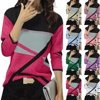 Женская зимняя мода с контрастным позиционированием и принтом с круглым вырезом и длинными рукавами L зелёный