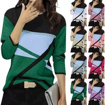 Женская зимняя мода с контрастным позиционированием и принтом с круглым вырезом и длинными рукавами L зелёный