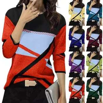 Женская зимняя мода с контрастным позиционированием и принтом с круглым вырезом и длинными рукавами L