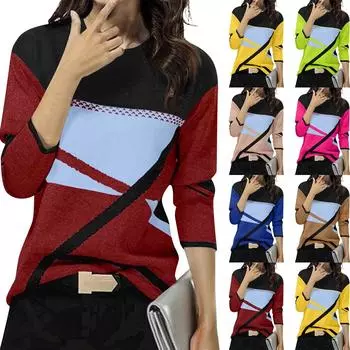 Женская зимняя мода с контрастным позиционированием и принтом с круглым вырезом и длинными рукавами L синий