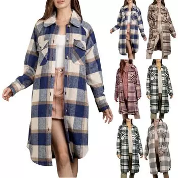 Женская зимняя мода с лацканами, большим карманом, длинным рукавом, клетчатый кардиган L