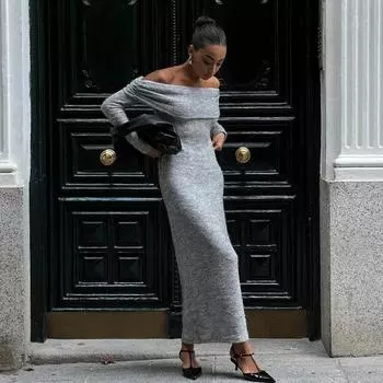 Женская зимняя мода, сексуальный топ с вырезом на груди, однотонное платье с длинными рукавами S серый