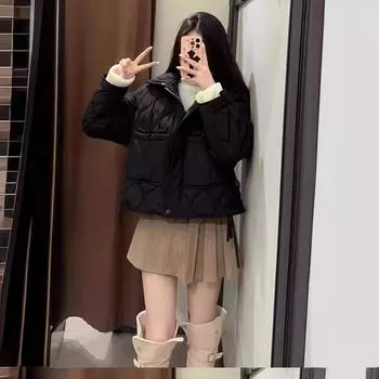 Женская зимняя мода, свободная, с длинными рукавами, воротником-стойкой, хлопковая куртка с ромбовидной сеткой, короткая куртка L чёрный
