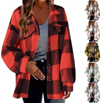 Женская зимняя мода толстый плюш однотонный клетчатый пуговицы с длинными рукавами повседневная спортивная куртка La флисовый топ с карманом L бежевый