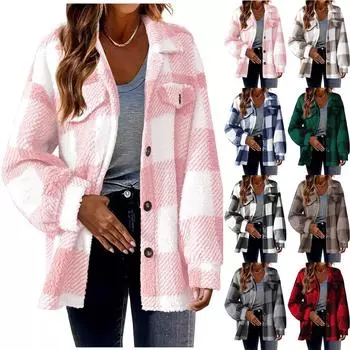 Женская зимняя мода толстый плюш однотонный клетчатый пуговицы с длинными рукавами повседневная спортивная куртка La флисовый топ с карманом S синий