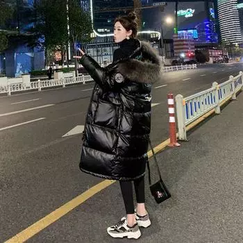 Женская зимняя модная хлопковая куртка с большим меховым воротником и яркой стороной вниз, плотная куртка выше колена средней длины L чёрный