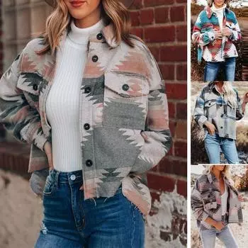 Женская зимняя модная куртка с ретро-принтом, шерстяная, с длинными рукавами, свободного кроя S