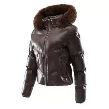 Женская зимняя модная повседневная тонкая хлопковая куртка с воротником из искусственного меха и капюшоном, теплая куртка с капюшоном, пальто из искусственной кожи на молнии L чёрный