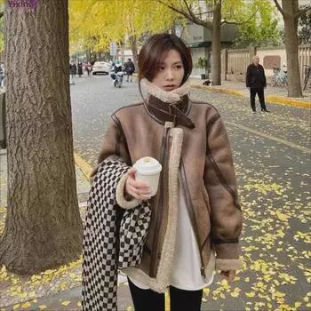 Женская зимняя мотоциклетная куртка в стиле ретро 2024 года - овечья шерсть, замша, оленья кожа, шуба из меха майяра XL чёрный