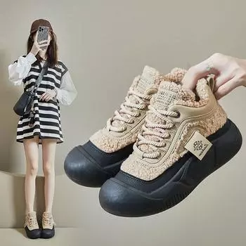 Женская зимняя мягкая обувь для студентов, повседневные кроссовки с толстой подошвой, толстые хлопковые туфли из овечьей шерсти 40 чёрный