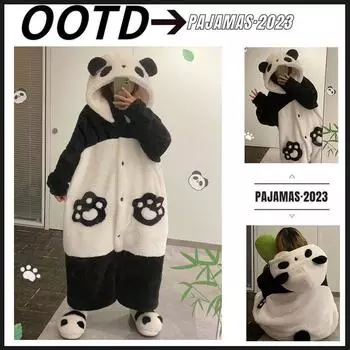 Женская зимняя ночная рубашка с рисунком милой панды, пижама из кораллового флиса - 2025 новый теплый домашний костюм для девочек L