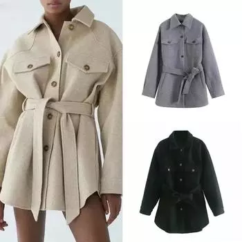 Женская зимняя новая модная универсальная куртка-рубашка с поясом и орнаментом в стиле ретро с длинным рукавом и карманами на пуговицах, верхняя одежда Mujer S темно серый