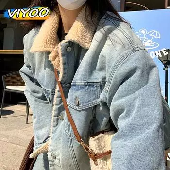 Женская зимняя новая тенденция Y2K Plus, бархатная толстая джинсовая куртка, парки, ковбойское пуховое пальто, женская корейская одежда, роскошная одежда 2023 S синий