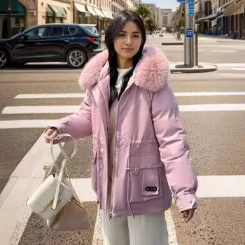 Женская зимняя новая тонкая пуховая хлопковая одежда модная универсальная пуховая толстая меховая интегрированная куртка M розовый