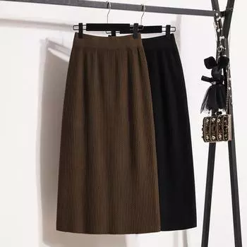 Женская зимняя новая юбка большого размера с высокой талией, узкая прямая, трикотажная юбка средней длины для женщин, толстая, мм L чёрный