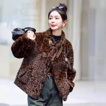 Женская зимняя новинка с леопардовым принтом, имитация норковой шерсти, экологически чистый мех, интегрированный мех, модное теплое короткое пальто S90-55 kg